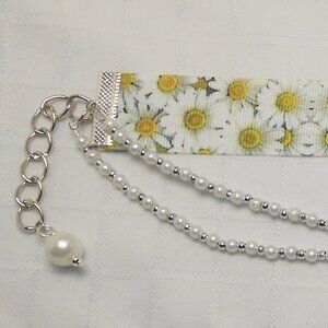 No584 Statement handmade 3 rows choker necklace with patterned ribbon